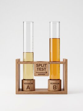 Two glass test tubes labeled Version A and Version B in a wooden rack, representing an A B testing and split testing concept on a white background