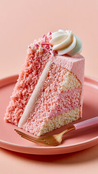 Delicious pink layered strawberry cake slice with whipped cream frosting and elegant buttercream swirls served on pastel plate for dessert celebration and bakery concept