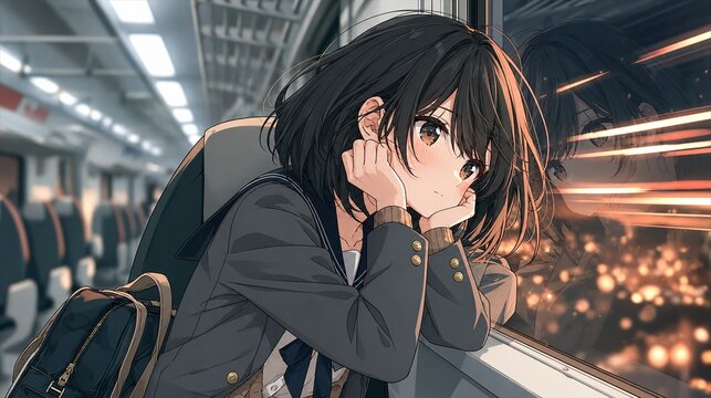 Thoughtful young woman resting by a train window at night，夜の電車窓にもたれて物思いにふける若い女性