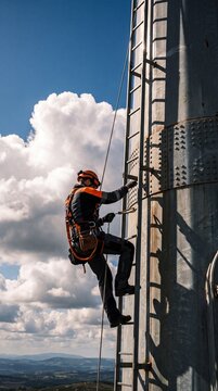 Worker rappelling down an industrial tower against a dramatic blue sky