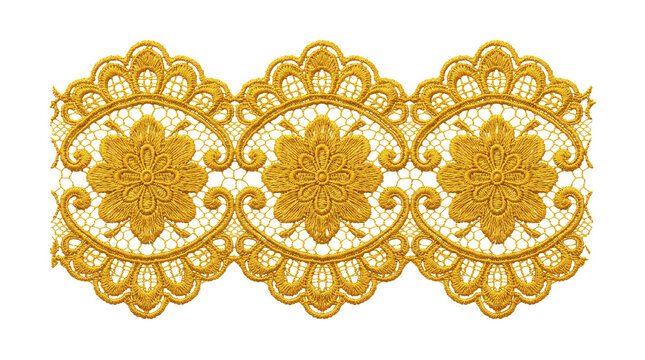 Vintage gold lace border, elegant floral embroidery trim, luxury golden textile ornament with intricate needlework pattern on white background