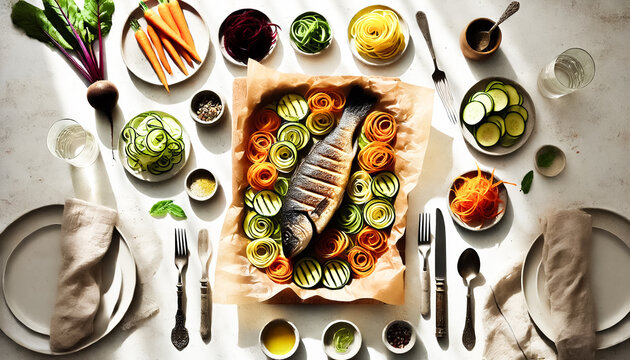 Close-Up of Roasted Fish with Colorful Vegetable Spirals