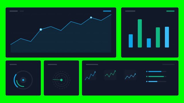 Dynamic business charts show market growth and performance in video frames.