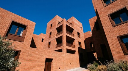 Fototapeta premium Modern residential apartment building with red brick facade against blue sky.
