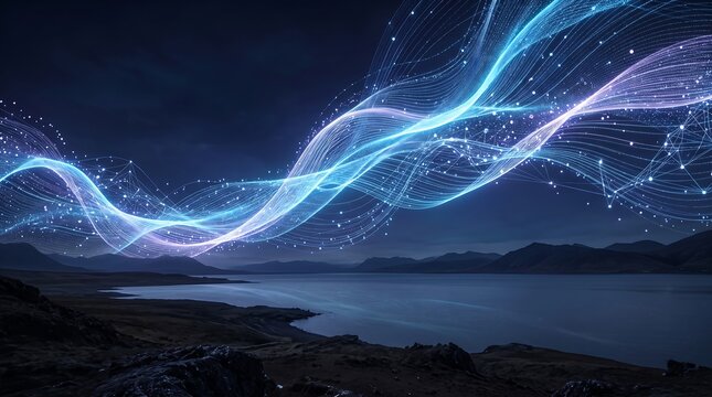 Abstract Glowing Energy Wave Flowing Over a Dark Night Mountain Lake Landscape