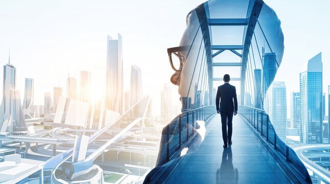Futuristic city skyline with businessman walking on bridge, double exposure of visionary leader looking at modern architecture and urban development, of future planning
