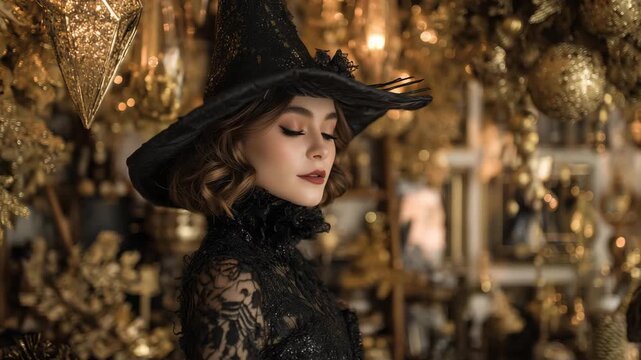 A woman in a black witch hat stands in a shop surrounded by gold decorations and lights in the evening hours
