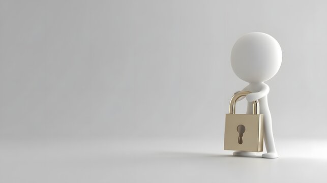 Minimalist 3D stick figure standing with a large padlock, representing cybersecurity, privacy, secure access, trust, and data protection.