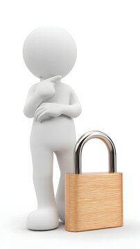 Minimalist 3D stick figure standing with a large padlock, representing cybersecurity, privacy, secure access, trust, and data protection.