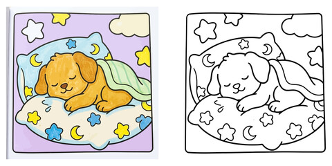 Cute sleeping puppy on pillow coloring page vector illustration with colored sample and black outline line art sheet for kids activity book