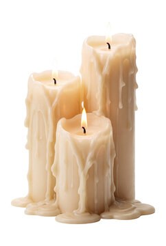 Burning wax candles with dripping melt isolated on transparent background