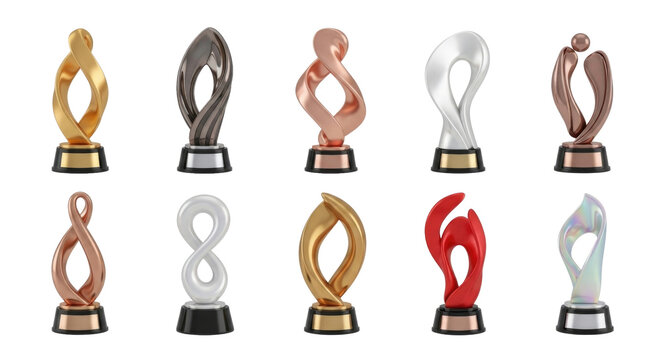 Golden award trophy icons for success and achievement. Vector set of isolated championship cups in cutout PNG.