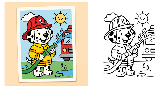 Cute Firefighter Dalmatian Dog Spraying Water Coloring Page Vector Illustration for Kids with Colored Sample and Line Art