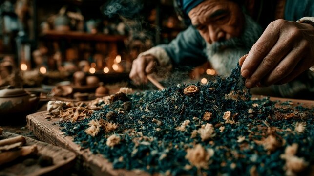 A cinematic close-up of an elderly artisan blending dried botanicals with steam rising, captured in warm, soft light with a moody atmosphere.