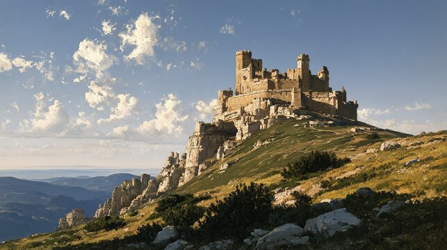 High angle view of stone castle sitting on rocky summit, tan brick towers and ramparts, vegetated hillside, layered blue mountains and cloudy sky, painterly detailed artwork