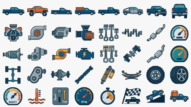 Corporate Set of Vehicles and Engine Parts with Gauges and Icons in Blue Orange and Gray Color Scheme