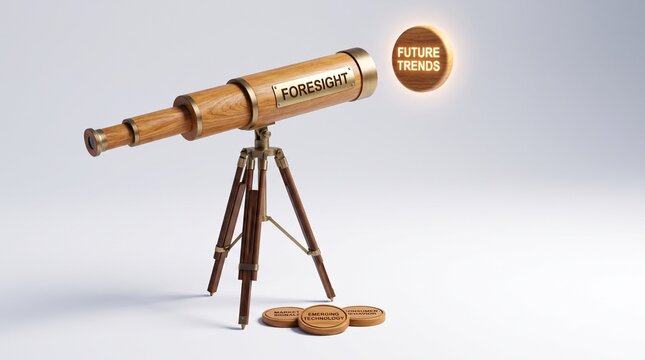 Wooden telescope on a tripod pointing at a glowing coin with future trends text, representing business forecasting and strategic foresight concept, 3d render