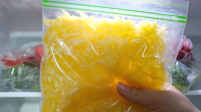 A woman's hand puts zip lock bag with yellow carrots into the refrigerator, concept storage.