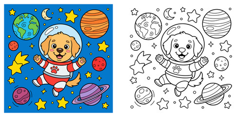 Cute Dog Astronaut in Outer Space Vector Illustration and Coloring Page Set with Planets, Stars, Moon and Earth for Kids Activity © MSTA