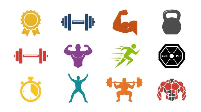 Fitness and gym icon set featuring medals, barbells, flexed arms, kettlebells, dumbbells, bodybuilder, running, hex weights, stopwatch, stretching, weightlifting, and muscle symbols for workout brand