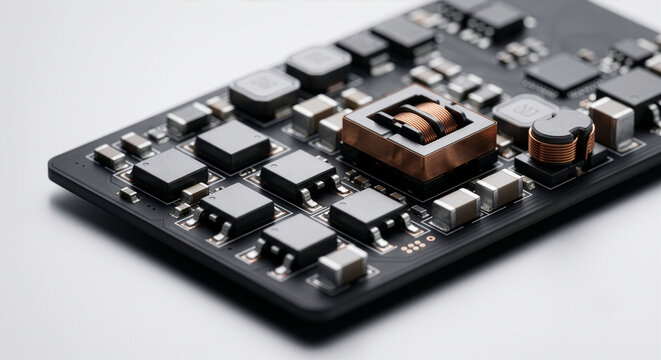 黒い基板上に高密度実装されたパワー半導体と銅コイル・電子部品のクローズアップ。次世代パワーエレクトロニクスや小型高効率電源回路の概念