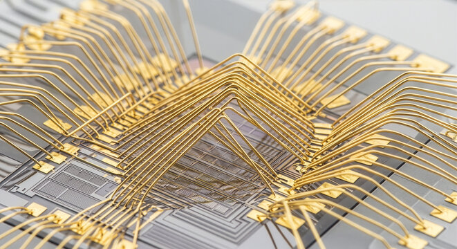 半導体チップ上の精密な金ワイヤボンディングと集積回路の超マクロ撮影。次世代プロセッサやパワーエレクトロニクスのパッケージング技術と最先端製造プロセスの概念