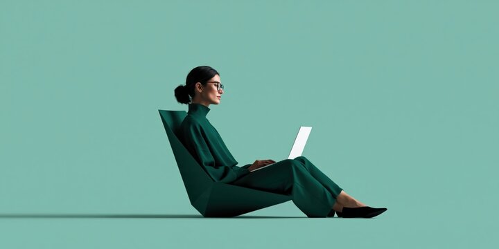 Woman with laptop sitting on geometric chair against teal background for minimalism workspace banner and modern remote work poster design