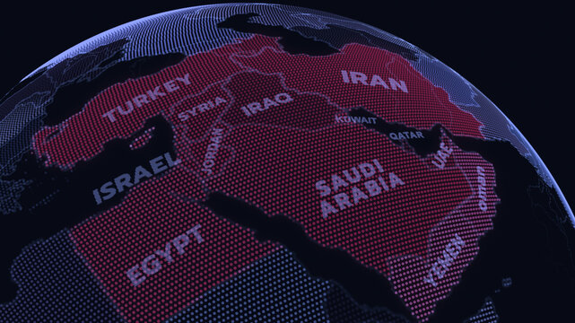 A modern 3D-style political map of the Middle East highlighting countries like Iran, Saudi Arabia, Iraq, Turkey, Israel, Yemen, Oman, Qatar, Syria, Jordan, EGYPT, UAE, middle east countries,
