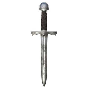 Medieval Knights Sword with Black Hilt and Silver Blade on White Background.