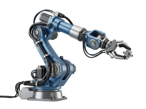 Industrial robotic arm isolated on white. Automated mechanical machine for manufacturing.