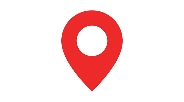A vibrant red map pin icon with a white center, symbolizing location, navigation, and points of interest on a clean white background.