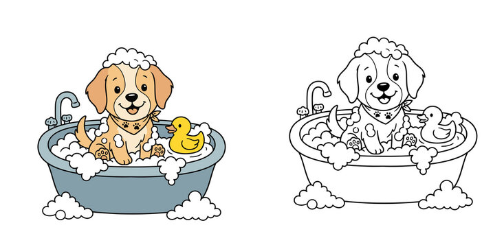Cute Dog Taking Bath in Tub Vector Illustration with Bubbles and Rubber Duck, Colored and Black and White Line Art Outline Coloring Page for Kids