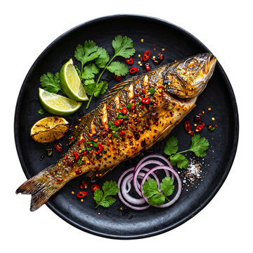 Roasted whole fish seasoned with chili pepper flakes lime wedges and fresh green cilantro leaves served on a large black ceramic plate on transparent background