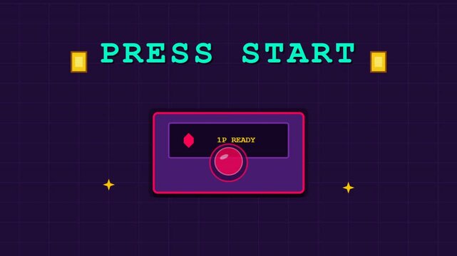 Retro style press start video sequence for game intro.