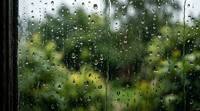 Raindrops streaming down windowpane overlooking lush green garden foliage during overcast gloomy weather seasonal atmosphere with captures raindrops trickling