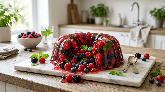 A Gelatin Mold Filled With Fresh Mixed Berries, Served as a Refreshing Dessert on a Marble Slab