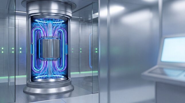 Quantum computer in a high-tech laboratory. Futuristic processor unit with glowing blue lights.