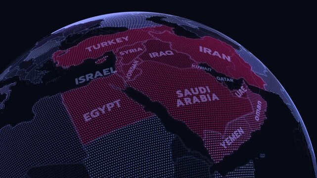 A modern 3D-style political map of the Middle East highlighting countries like Iran, Saudi Arabia, Iraq, Turkey, Israel, Yemen, Oman, Qatar, Syria, Jordan, EGYPT, UAE, middle east countries,

