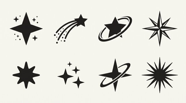 Eight stylized black star designs arranged in rows, featuring cosmic rings, sparkles, and swirling lines, symbolizing motion, celestial energy, and abstract astronomical creativity.