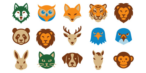 Fototapeta premium Animal Head Icons A Collection Of Flat Colorful Wildlife Illustrations On Black Background heads