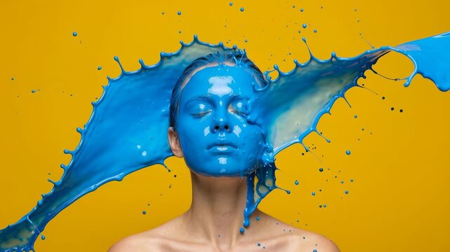 Woman splashed with vibrant blue paint against a yellow background. This artistic video showcases a woman having blue paint splashed onto her fac