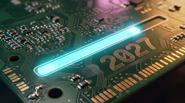 Glowing cyan progress channel running across a green circuit board with copper trace 2027 numerals gold pads and tiny components, representing technology progress and new year loading concept