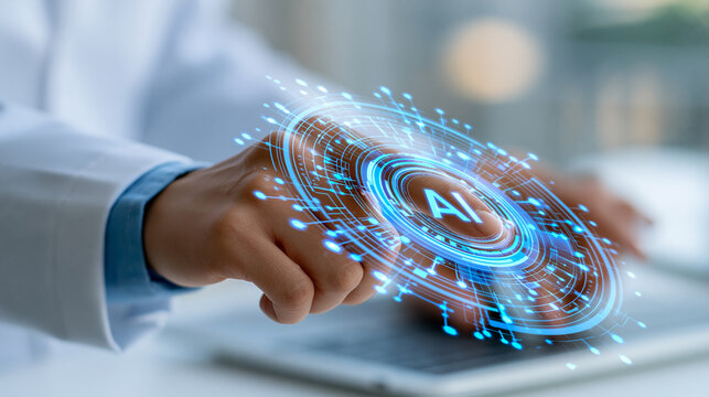 Close-up of hands working with AI data analysis interface, medical technology and lab experiment concept, defocused background, with copy space