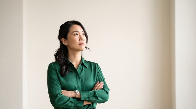 Confident Asian businesswoman standing with arms crossed looking away thoughtfully in minimalist studio, leadership and success concept