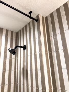 Modern Bathroom Shower with Striped Tile Walls