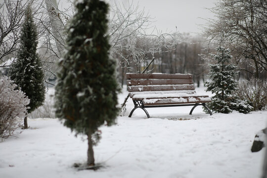 park bench on a winter alley at snowfall. bench with snow after snowstorm or in snow calamity in europe