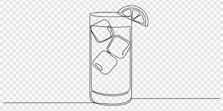 Single line of a tall glass filled with ice cubes and a lemon slice on a Transparent Background, Continuous line drawing of a tall glass filled with ice cubes and a lemon slice, with a straw, perfect 
