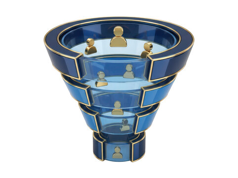 Corporate sales funnel concept with gold avatars and blue layers