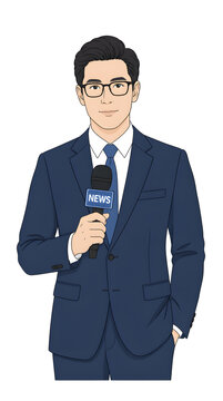 A Male News Reporter Wearing A Suit And Glasses Holds A Microphone And Stands On A White Background, Ready To Deliver A Report To The Audience
