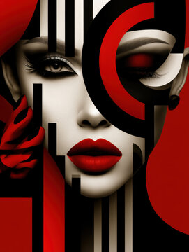 Abstract geometric portrait of beautiful woman with bold red lips dramatic makeup constructivism graphic art style creative avantgarde poster high fashion makeup close up aesthetic illustration